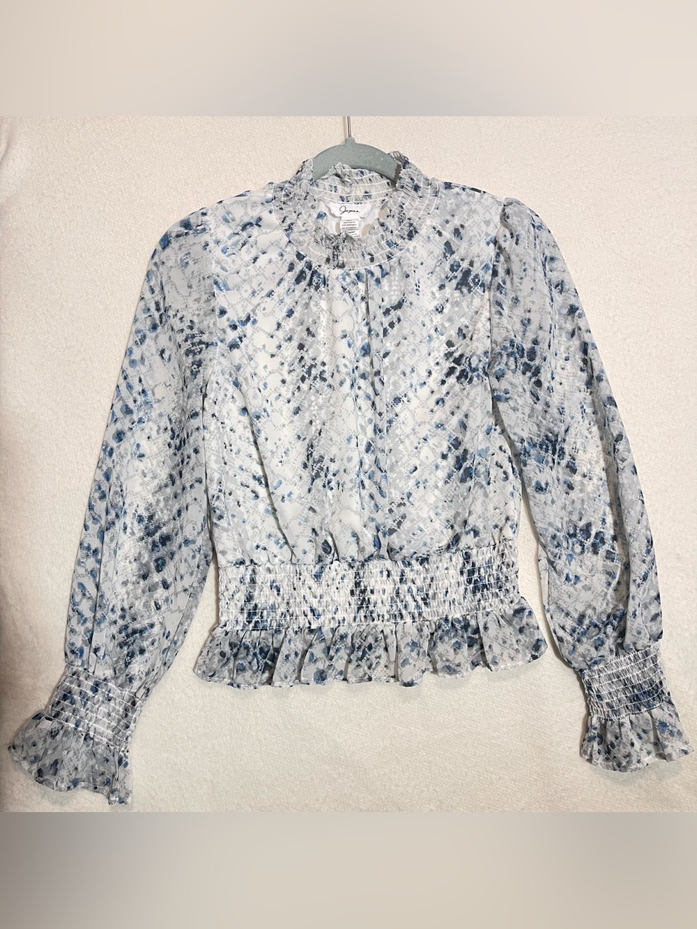 Japna Blue and White Smocked Ruffle Neck Blouse